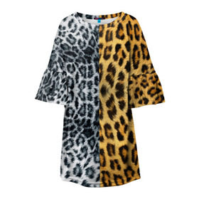 Детское платье 3D с принтом Леопард/Снежный Барс в Белгороде, 100% полиэстер | прямой силуэт, чуть расширенный к низу. Круглая горловина, на рукавах — воланы | textures | барс | животное | леопард | пятна | снежный | текстура | чёрное с белым
