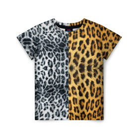 Детская футболка 3D с принтом Леопард/Снежный Барс в Белгороде, 100% гипоаллергенный полиэфир | прямой крой, круглый вырез горловины, длина до линии бедер, чуть спущенное плечо, ткань немного тянется | Тематика изображения на принте: textures | барс | животное | леопард | пятна | снежный | текстура | чёрное с белым