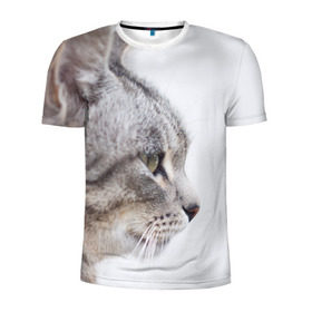 Мужская футболка 3D спортивная с принтом Серый кот в Белгороде, 100% полиэстер с улучшенными характеристиками | приталенный силуэт, круглая горловина, широкие плечи, сужается к линии бедра | взгляд | глаза | голова животного | киска | кот | котёнок | кошка | прикольные картинки