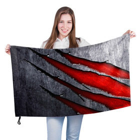 Флаг 3D с принтом Следы когтей на металле в Белгороде, 100% полиэстер | плотность ткани — 95 г/м2, размер — 67 х 109 см. Принт наносится с одной стороны | когти | красный | металл | серебристый | следы | текстура