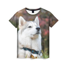 Женская футболка 3D с принтом Хаски в Белгороде, 100% полиэфир ( синтетическое хлопкоподобное полотно) | прямой крой, круглый вырез горловины, длина до линии бедер | лайка | маламут | песик | песики | собака | собаки | хаски