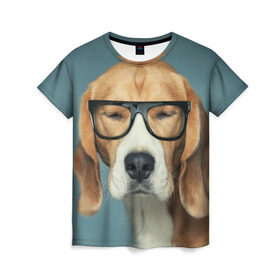 Женская футболка 3D с принтом Бигль в Белгороде, 100% полиэфир ( синтетическое хлопкоподобное полотно) | прямой крой, круглый вырез горловины, длина до линии бедер | бигль | гончая | дворняжка | охотничья | песик | песики | собака | собаки