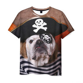 Мужская футболка 3D с принтом Бульдог - пират в Белгороде, 100% полиэфир | прямой крой, круглый вырез горловины, длина до линии бедер | бульдог | бульдоги | песик | песики | пират | пираты | прикольные | собака | собаки