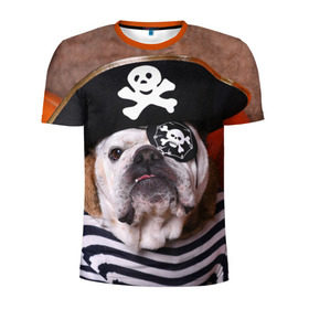 Мужская футболка 3D спортивная с принтом Бульдог - пират в Белгороде, 100% полиэстер с улучшенными характеристиками | приталенный силуэт, круглая горловина, широкие плечи, сужается к линии бедра | бульдог | бульдоги | песик | песики | пират | пираты | прикольные | собака | собаки