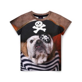 Детская футболка 3D с принтом Бульдог - пират в Белгороде, 100% гипоаллергенный полиэфир | прямой крой, круглый вырез горловины, длина до линии бедер, чуть спущенное плечо, ткань немного тянется | Тематика изображения на принте: бульдог | бульдоги | песик | песики | пират | пираты | прикольные | собака | собаки