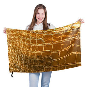 Флаг 3D с принтом Золотой Крокодил в Белгороде, 100% полиэстер | плотность ткани — 95 г/м2, размер — 67 х 109 см. Принт наносится с одной стороны | gold | texture | глянец | золото | кожа | крокодил | текстура