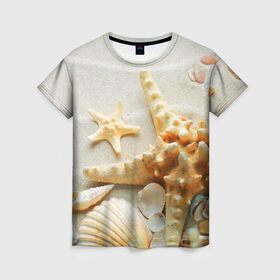 Женская футболка 3D с принтом Морской пляж 5 в Белгороде, 100% полиэфир ( синтетическое хлопкоподобное полотно) | прямой крой, круглый вырез горловины, длина до линии бедер | море | морская звезда | песок | пляж | ракушки | туризм | турист