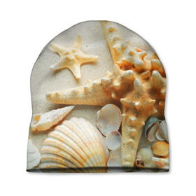 Шапка 3D с принтом Морской пляж 5 в Белгороде, 100% полиэстер | универсальный размер, печать по всей поверхности изделия | Тематика изображения на принте: море | морская звезда | песок | пляж | ракушки | туризм | турист