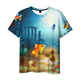Мужская футболка 3D с принтом Золотая рыбка в Белгороде, 100% полиэфир | прямой крой, круглый вырез горловины, длина до линии бедер | вода | водоросли | море | подводный мир | природа | рыба | рыбка | туризм