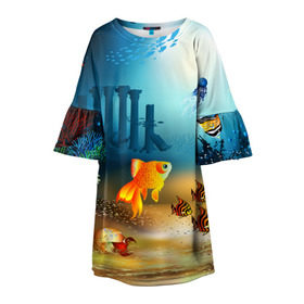 Детское платье 3D с принтом Золотая рыбка в Белгороде, 100% полиэстер | прямой силуэт, чуть расширенный к низу. Круглая горловина, на рукавах — воланы | вода | водоросли | море | подводный мир | природа | рыба | рыбка | туризм