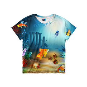 Детская футболка 3D с принтом Золотая рыбка в Белгороде, 100% гипоаллергенный полиэфир | прямой крой, круглый вырез горловины, длина до линии бедер, чуть спущенное плечо, ткань немного тянется | Тематика изображения на принте: вода | водоросли | море | подводный мир | природа | рыба | рыбка | туризм
