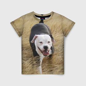 Детская футболка 3D с принтом Пит-буль на траве в Белгороде, 100% гипоаллергенный полиэфир | прямой крой, круглый вырез горловины, длина до линии бедер, чуть спущенное плечо, ткань немного тянется | амстафф | буль | пес | песик | питбули | питбуль | собака | собаки | стафф | терьер