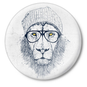 Значок с принтом Cool Lion в Белгороде,  металл | круглая форма, металлическая застежка в виде булавки | Тематика изображения на принте: красивый | крутой | лев | львица | очки | рисунок | узор
