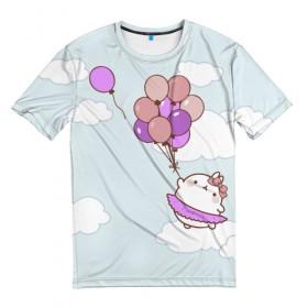 Мужская футболка 3D с принтом Кролик и шарики в Белгороде, 100% полиэфир | прямой крой, круглый вырез горловины, длина до линии бедер | воздушные шарики | зайчик | кавай | кролик | моланг | небо