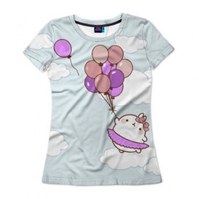 Женская футболка 3D с принтом Кролик и шарики в Белгороде, 100% полиэфир ( синтетическое хлопкоподобное полотно) | прямой крой, круглый вырез горловины, длина до линии бедер | воздушные шарики | зайчик | кавай | кролик | моланг | небо