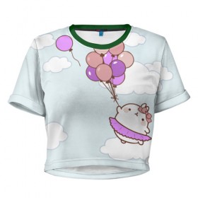 Женская футболка 3D укороченная с принтом Кролик и шарики в Белгороде, 100% полиэстер | круглая горловина, длина футболки до линии талии, рукава с отворотами | воздушные шарики | зайчик | кавай | кролик | моланг | небо