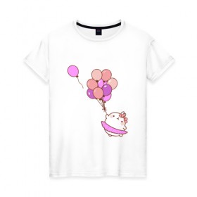 Женская футболка хлопок с принтом Кролик и шарики в Белгороде, 100% хлопок | прямой крой, круглый вырез горловины, длина до линии бедер, слегка спущенное плечо | 