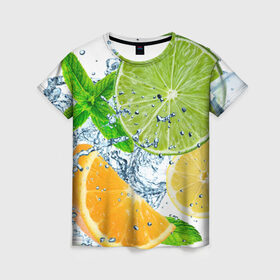 Женская футболка 3D с принтом Вкус лета в Белгороде, 100% полиэфир ( синтетическое хлопкоподобное полотно) | прямой крой, круглый вырез горловины, длина до линии бедер | Тематика изображения на принте: вода | еда | зима | искусство | лайм | лимон | листья | новинки | природа | солнце | фрукты