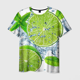 Мужская футболка 3D с принтом Свежесть лайма в Белгороде, 100% полиэфир | прямой крой, круглый вырез горловины, длина до линии бедер | бармен | витамины | диета | коктель | куб | лед | мороз | новинки | холодный | цвет