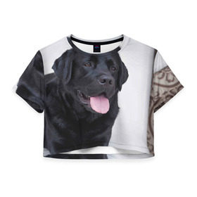 Женская футболка 3D укороченная с принтом Черный лабрадор в Белгороде, 100% полиэстер | круглая горловина, длина футболки до линии талии, рукава с отворотами | Тематика изображения на принте: большая | золотистый | лабрадор | лабрадоры | палевый | песик | ретривер | собака | собаки
