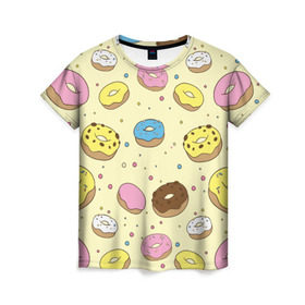 Женская футболка 3D с принтом Сладкие пончики в Белгороде, 100% полиэфир ( синтетическое хлопкоподобное полотно) | прямой крой, круглый вырез горловины, длина до линии бедер | булочки | гомер симпсон | еда | пончики | сладости