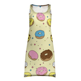 Платье-майка 3D с принтом Сладкие пончики в Белгороде, 100% полиэстер | полуприлегающий силуэт, широкие бретели, круглый вырез горловины, удлиненный подол сзади. | булочки | гомер симпсон | еда | пончики | сладости