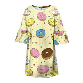 Детское платье 3D с принтом Сладкие пончики в Белгороде, 100% полиэстер | прямой силуэт, чуть расширенный к низу. Круглая горловина, на рукавах — воланы | булочки | гомер симпсон | еда | пончики | сладости