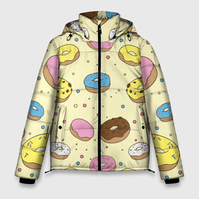 Мужская зимняя куртка 3D с принтом Сладкие пончики в Белгороде, верх — 100% полиэстер; подкладка — 100% полиэстер; утеплитель — 100% полиэстер | длина ниже бедра, свободный силуэт Оверсайз. Есть воротник-стойка, отстегивающийся капюшон и ветрозащитная планка. 

Боковые карманы с листочкой на кнопках и внутренний карман на молнии. | Тематика изображения на принте: булочки | гомер симпсон | еда | пончики | сладости