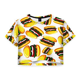 Женская футболка 3D укороченная с принтом Гамбургер в Белгороде, 100% полиэстер | круглая горловина, длина футболки до линии талии, рукава с отворотами | fast food | фастфуд