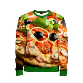 Детский свитшот 3D с принтом Пицца в Белгороде, 100% полиэстер | свободная посадка, прямой крой, мягкая тканевая резинка на рукавах и понизу свитшота | Тематика изображения на принте: базилик | еда | зелень | маслины | оливки | пицца | помидоры
