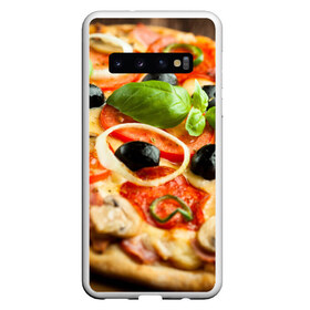 Чехол для Samsung Galaxy S10 с принтом Пицца в Белгороде, Силикон | Область печати: задняя сторона чехла, без боковых панелей | Тематика изображения на принте: базилик | еда | зелень | маслины | оливки | пицца | помидоры