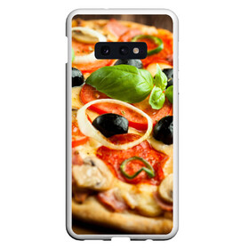 Чехол для Samsung S10E с принтом Пицца в Белгороде, Силикон | Область печати: задняя сторона чехла, без боковых панелей | Тематика изображения на принте: базилик | еда | зелень | маслины | оливки | пицца | помидоры