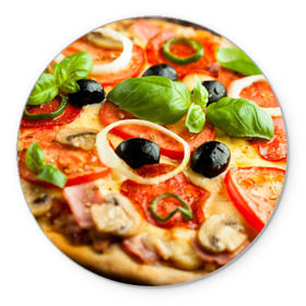 Коврик круглый с принтом Пицца в Белгороде, резина и полиэстер | круглая форма, изображение наносится на всю лицевую часть | базилик | еда | зелень | маслины | оливки | пицца | помидоры