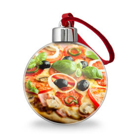 Ёлочный шар с принтом Пицца в Белгороде, Пластик | Диаметр: 77 мм | Тематика изображения на принте: базилик | еда | зелень | маслины | оливки | пицца | помидоры