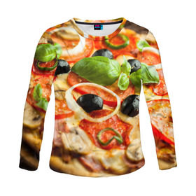 Женский лонгслив 3D с принтом Пицца в Белгороде, 100% полиэстер | длинные рукава, круглый вырез горловины, полуприлегающий силуэт | Тематика изображения на принте: базилик | еда | зелень | маслины | оливки | пицца | помидоры