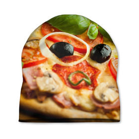 Шапка 3D с принтом Пицца в Белгороде, 100% полиэстер | универсальный размер, печать по всей поверхности изделия | Тематика изображения на принте: базилик | еда | зелень | маслины | оливки | пицца | помидоры