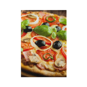 Обложка для паспорта матовая кожа с принтом Пицца в Белгороде, натуральная матовая кожа | размер 19,3 х 13,7 см; прозрачные пластиковые крепления | Тематика изображения на принте: базилик | еда | зелень | маслины | оливки | пицца | помидоры