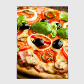 Постер с принтом Пицца в Белгороде, 100% бумага
 | бумага, плотность 150 мг. Матовая, но за счет высокого коэффициента гладкости имеет небольшой блеск и дает на свету блики, но в отличии от глянцевой бумаги не покрыта лаком | базилик | еда | зелень | маслины | оливки | пицца | помидоры