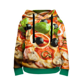 Детская толстовка 3D с принтом Пицца в Белгороде, 100% полиэстер | двухслойный капюшон со шнурком для регулировки, мягкие манжеты на рукавах и по низу толстовки, спереди карман-кенгуру с мягким внутренним слоем | Тематика изображения на принте: базилик | еда | зелень | маслины | оливки | пицца | помидоры