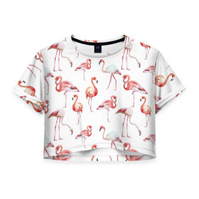 Женская футболка 3D укороченная с принтом Узор из фламинго в Белгороде, 100% полиэстер | круглая горловина, длина футболки до линии талии, рукава с отворотами | животные | мозаика | птицы | узор | фауна | фламинго