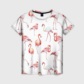 Женская футболка 3D с принтом Узор из фламинго в Белгороде, 100% полиэфир ( синтетическое хлопкоподобное полотно) | прямой крой, круглый вырез горловины, длина до линии бедер | Тематика изображения на принте: животные | мозаика | птицы | узор | фауна | фламинго