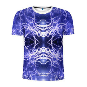 Мужская футболка 3D спортивная с принтом Static Electricity в Белгороде, 100% полиэстер с улучшенными характеристиками | приталенный силуэт, круглая горловина, широкие плечи, сужается к линии бедра | static electricity | белый | молнии | разряд | синий | статическое электричество | фиолетовый | чёрный