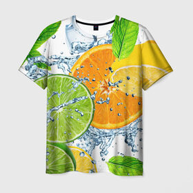 Мужская футболка 3D с принтом Мятный смузи в Белгороде, 100% полиэфир | прямой крой, круглый вырез горловины, длина до линии бедер | Тематика изображения на принте: вода | еда | зима | искусство | лайм | лимон | листья | новинки | природа | солнце | фрукты