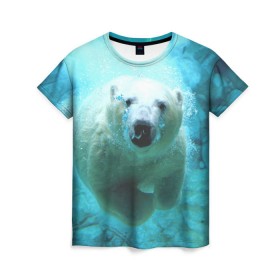 Женская футболка 3D с принтом медведь в Белгороде, 100% полиэфир ( синтетическое хлопкоподобное полотно) | прямой крой, круглый вырез горловины, длина до линии бедер | медведь | пловец