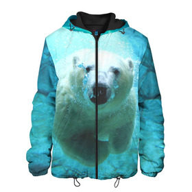 Мужская куртка 3D с принтом медведь в Белгороде, ткань верха — 100% полиэстер, подклад — флис | прямой крой, подол и капюшон оформлены резинкой с фиксаторами, два кармана без застежек по бокам, один большой потайной карман на груди. Карман на груди застегивается на липучку | Тематика изображения на принте: медведь | пловец