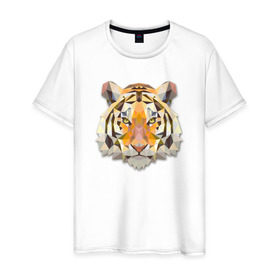 Мужская футболка хлопок с принтом Полигональный тигр в Белгороде, 100% хлопок | прямой крой, круглый вырез горловины, длина до линии бедер, слегка спущенное плечо. | геометрический рисунок | голова | животные | тигр | фауна