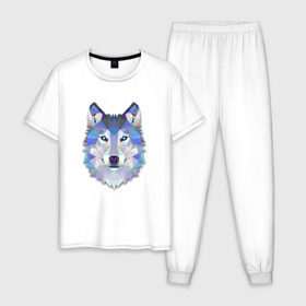 Мужская пижама хлопок с принтом Полигональный волк в Белгороде, 100% хлопок | брюки и футболка прямого кроя, без карманов, на брюках мягкая резинка на поясе и по низу штанин
 | волк | геометрический рисунок | голова | животные | фауна