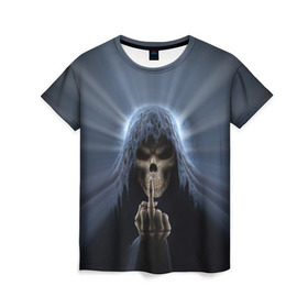 Женская футболка 3D с принтом Череп в капюшоне 2 в Белгороде, 100% полиэфир ( синтетическое хлопкоподобное полотно) | прямой крой, круглый вырез горловины, длина до линии бедер | Тематика изображения на принте: скелет