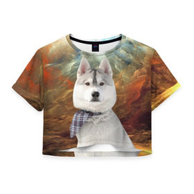 Женская футболка 3D укороченная с принтом Хаски в Белгороде, 100% полиэстер | круглая горловина, длина футболки до линии талии, рукава с отворотами | маламут | песик | собака | собаки | собачка | хаски