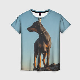 Женская футболка 3D с принтом Доберман в Белгороде, 100% полиэфир ( синтетическое хлопкоподобное полотно) | прямой крой, круглый вырез горловины, длина до линии бедер | доберман | доберманы | пес | песик | псы | собака | собаки